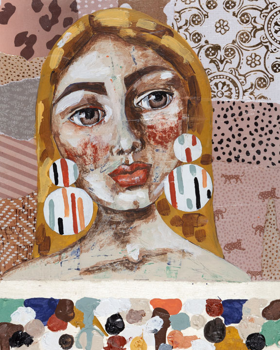 Painting of a woman from the shoulders up with white skin, long straight blond hair, bold brown eyebrows, large brown eyes, red cheeks and large red lips. She is wearing large earrings of two circles stacked on the other with a larger circle on the bottom. In the background, there is a collage of coloured and patterned paper. Most of the paper is white, brown and pink.