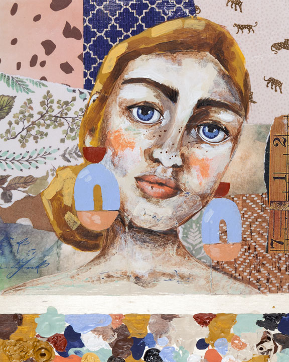 Painting of a woman from the shoulders up with white skin, long blond hair pulled back in a low bun, bold brown eyebrows, large blue eyes, pink cheeks and pink lips. She is wearing large earrings of two half circles stacked between a large U-shaped piece . In the background, there is a collage of coloured and patterned paper. The paper is white, brown, blue and pink.