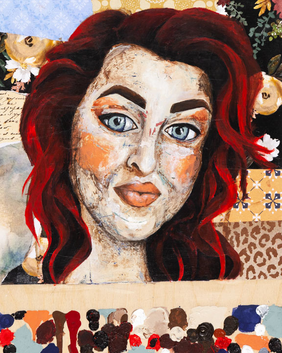 Self portrait of Charlene du Toit from the shoulders up. She has white skin, mid-length red and black, bold brown eyebrows, light blue eyes, pink cheeks and pink lips. In the background, there is a collage of coloured and patterned paper. The paper is white, yellow, blue and brown.