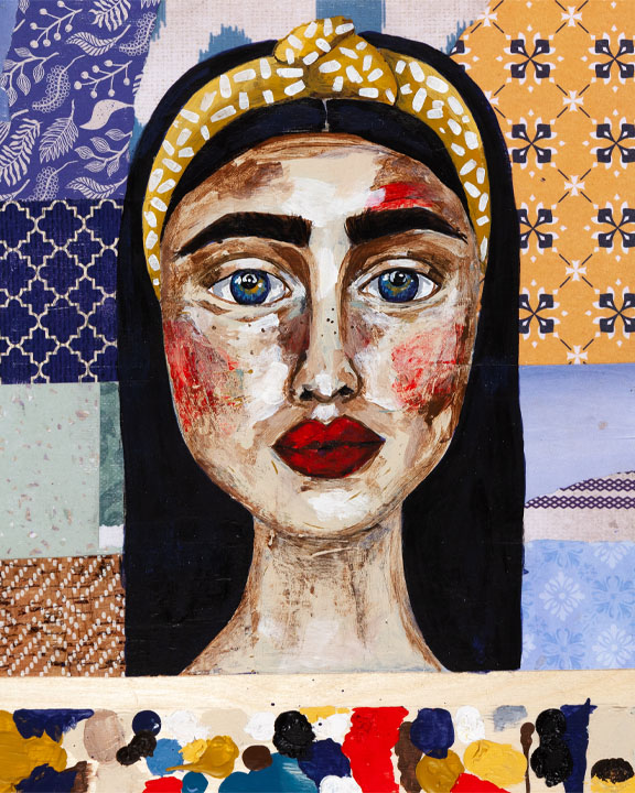 Painting of a woman from the shoulders up with white skin, long straight black hair and a yellow and white headband, bold black eyebrows, large blue eyes, red cheeks and red lips. In the background, there is a collage of coloured and patterned paper. The paper is white, yellow, blue and brown.