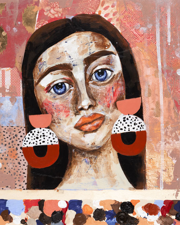 Painting of a woman from the shoulders up with white skin, long straight brown, bold brown eyebrows, large blue eyes, pink cheeks and coral lips. She is wearing large earrings of two half circles above a large U-shaped piece. In the background, there is a collage of coloured and patterned paper that has been painted over with pinks and whites. The paper is blue, yellow and pink.