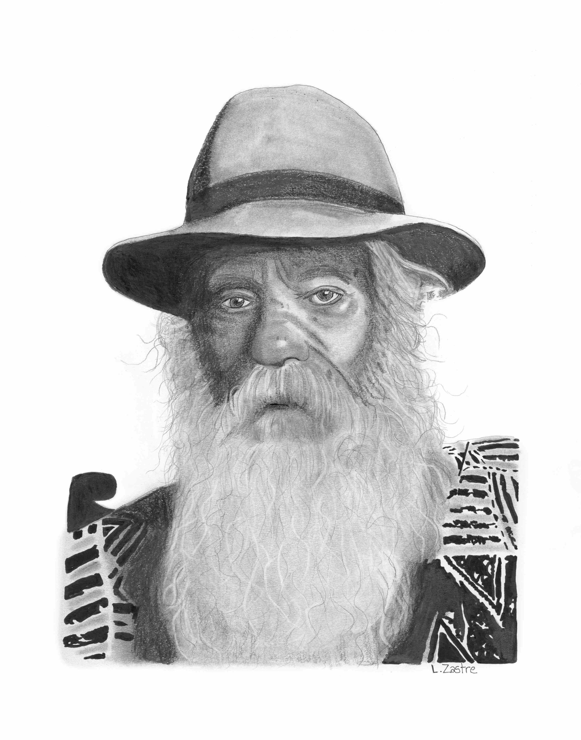 This is a portrait of an elderly man with a bushy white beard. He wears a floppy hat and graphic print shirt and stares forward with a dejected expression. He is a wheelchair user.