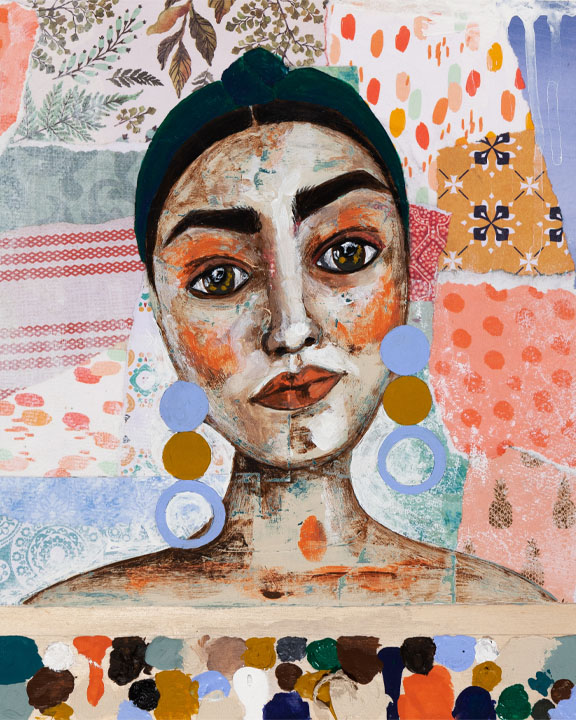 Painting of a woman from the shoulders up with white skin, long black hair wrapped up in a dark green bandana, bold black eyebrows, large brown eyes, pink cheeks and coral lips. She is wearing large earrings of three circles stacked on top of each other. In the background, there is a collage of coloured and patterned paper. The paper is blue, yellow, green and pink.