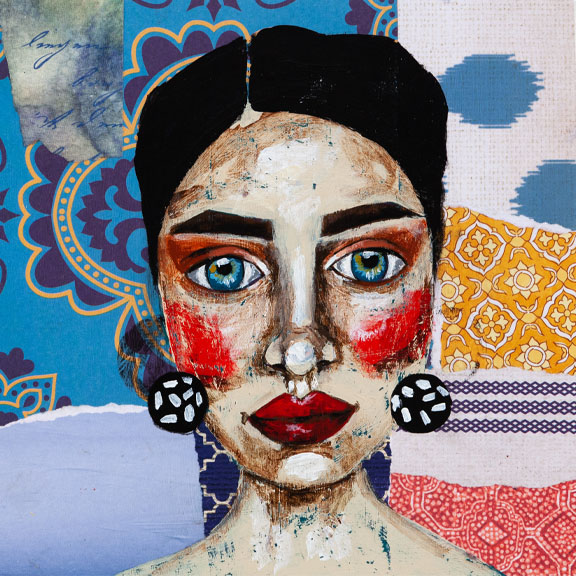 Painting of a woman from the shoulders up with white skin, black hair pulled back behind her head, bold black eyebrows, large blue eyes, red cheeks and red lips. She is wearing large earrings which are black circles with white dashes on them. In the background, there is a collage of coloured and patterned paper. The paper is blue, yellow, red and white.
