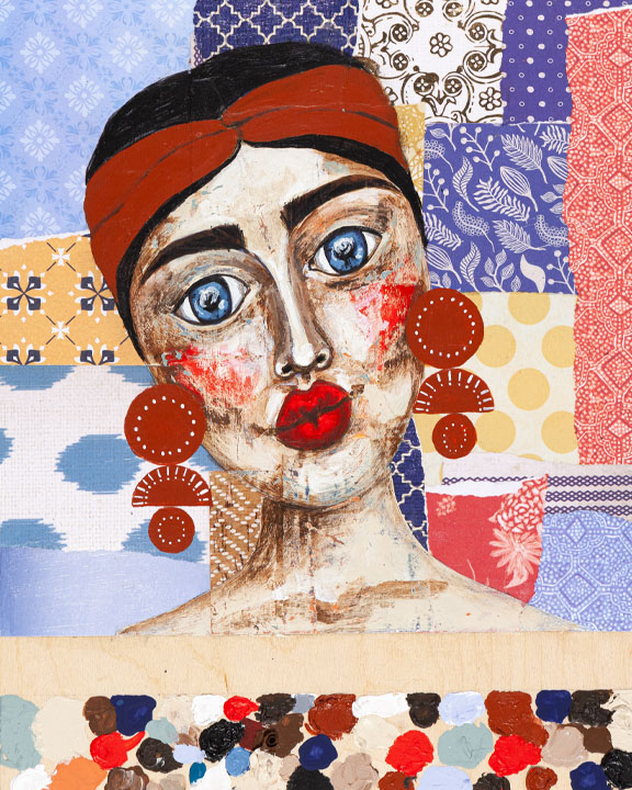 Painting of a woman from the shoulders up with white skin, black hair pulled back and a red headband, bold brown eyebrows, large blue eyes, red cheeks and red lips. She is wearing large earrings which are two semi circles stacked with a half circle in-between. The earrings are red with small holes in them. In the background, there is a collage of coloured and patterned paper. The paper blue, red, yellow and white.