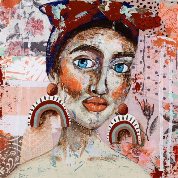 Painting of a woman from the shoulders up with white skin, black hair pulled back and a red and blue headwrap, brown eyebrows, large blue eyes, pink cheeks and pink lips. She is wearing large earrings which are a small circle above a rainbow shape. The earrings are stripped white, red, green and brown. In the background, there is a collage of coloured and patterned paper. The paper pink, brown, and grey.