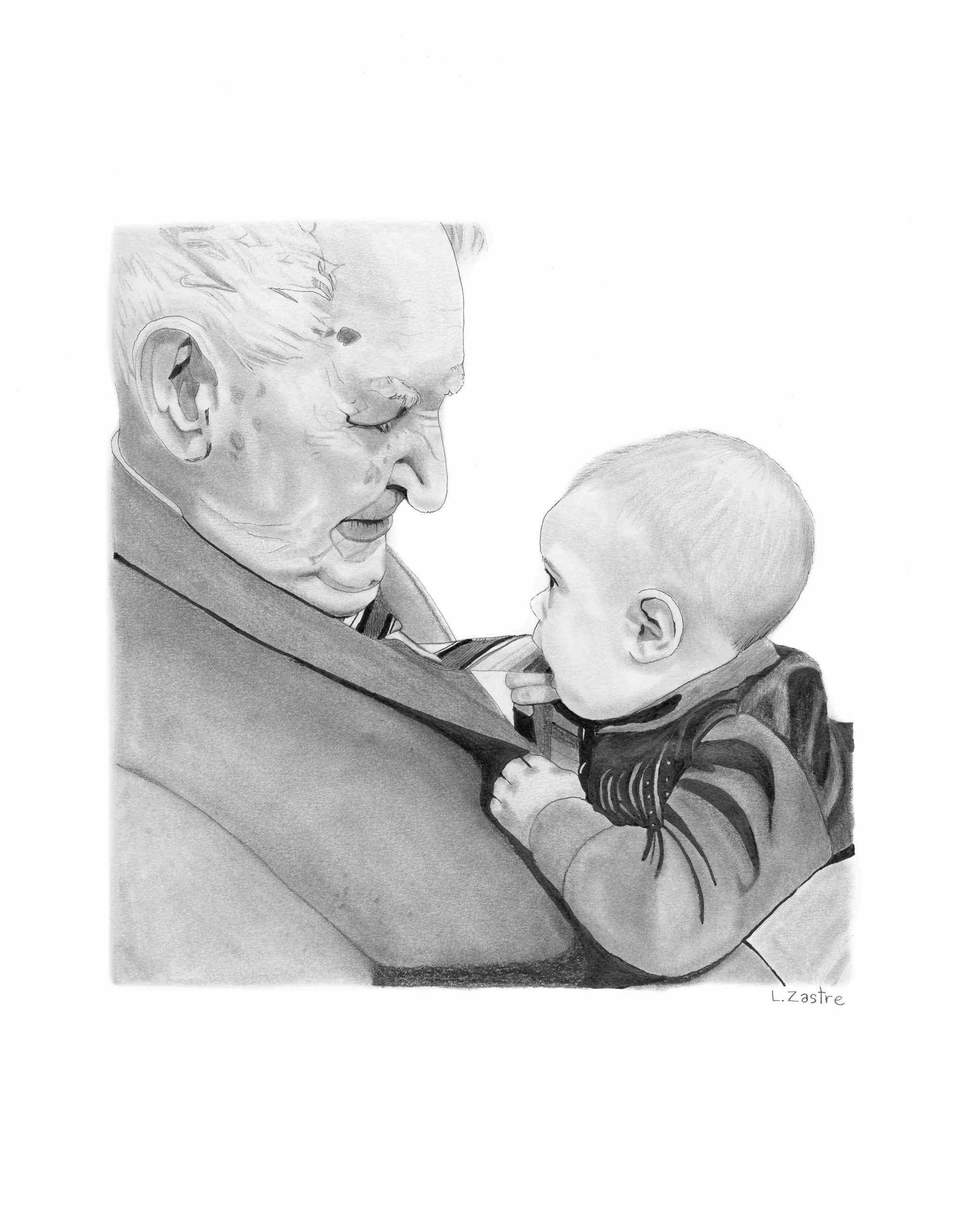 This is a drawing of an elderly man holding a baby. The man has white hair and is wearing a formal suit. He holds the baby in front of him and gazes down, watching the baby gum on his necktie.