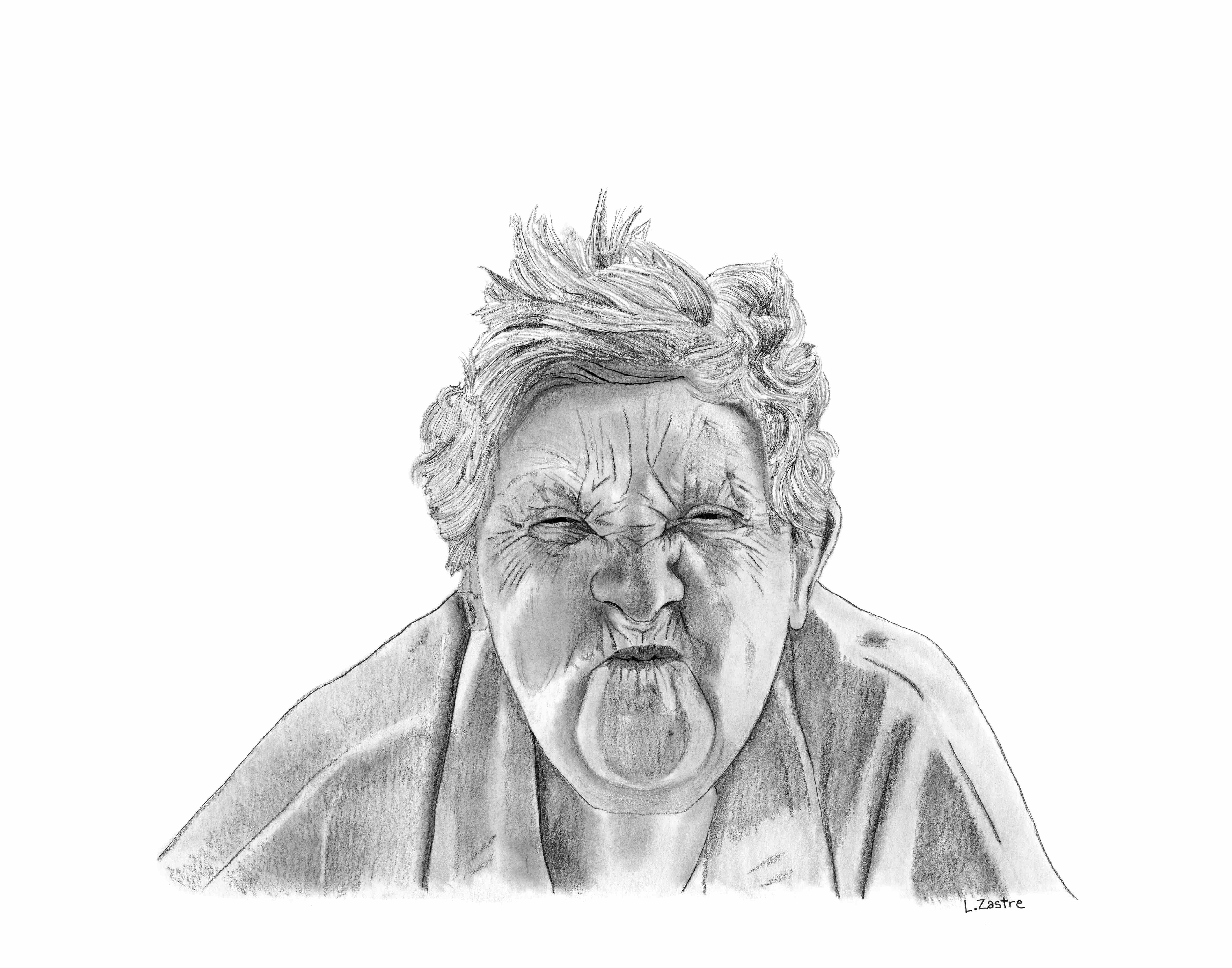 This is a portrait of an elderly person. Their hair is short and messy, and they wear a housecoat. They face us with eyes and mouth scrunched shut, cheeks puffed, like they are holding their breath.