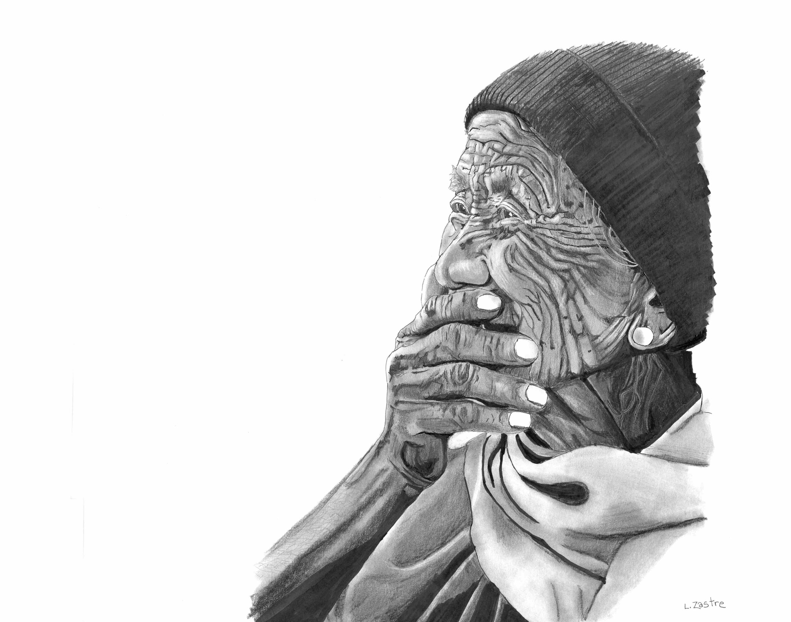 This is a drawing of an elderly woman, viewed from the side. She wears a dark headscarf and covers her mouth with one hand, laughing mirthfully.
