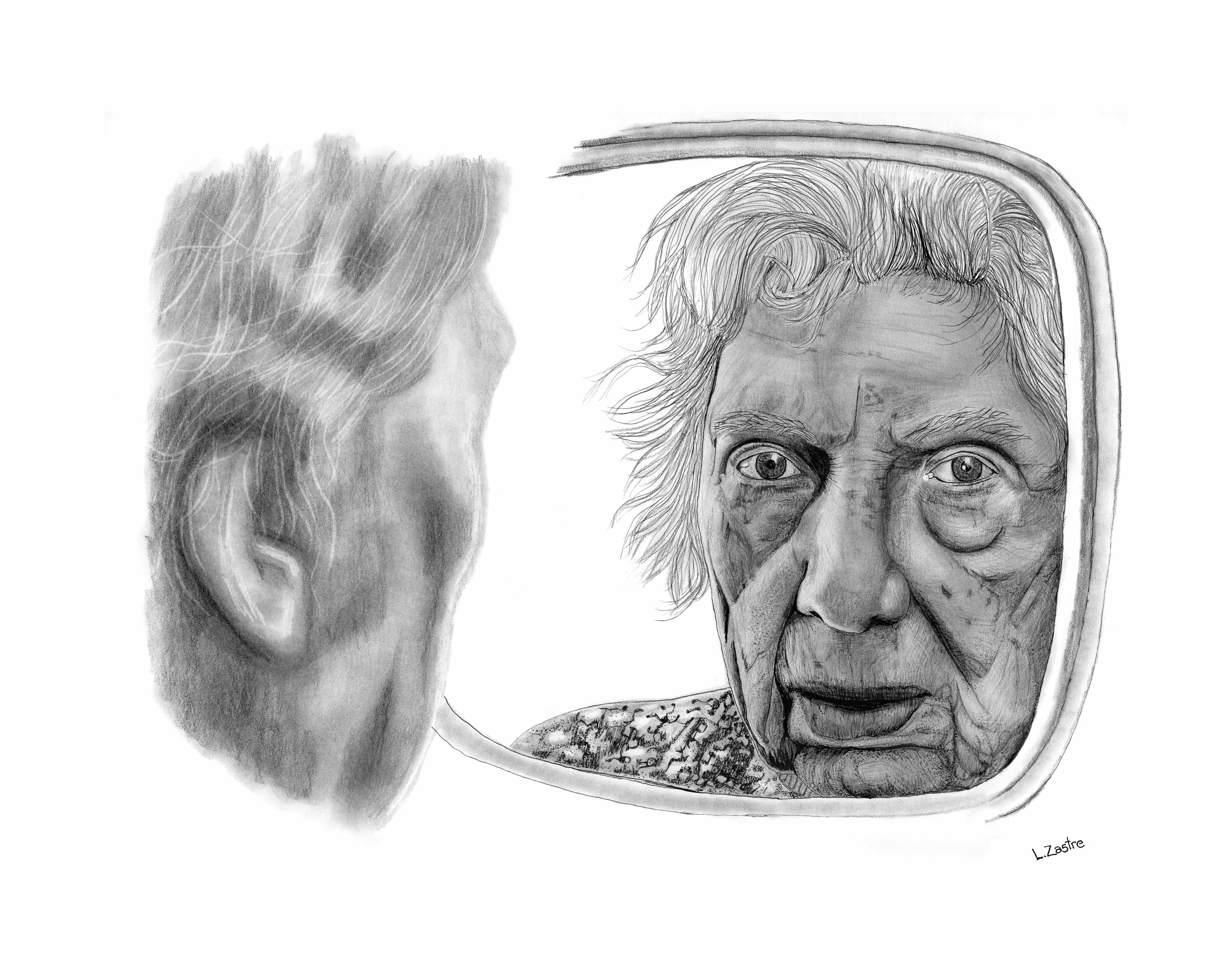 In this drawing we see an elderly woman’s face, as reflected in a mirror she is gazing into. Her eye are apprehensive, a concerned /confused look on her face.