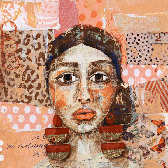Painting of a woman from the shoulders up with white skin, brown hair pulled back into a bun with a headwrap, brown eyebrows, large brown eyes, pink cheeks and pink lips. She is wearing large earrings which are two red and gold semi-circles below a small red circle. In the background, there is a collage of coloured and patterned paper. The paper red, pink, and orange.