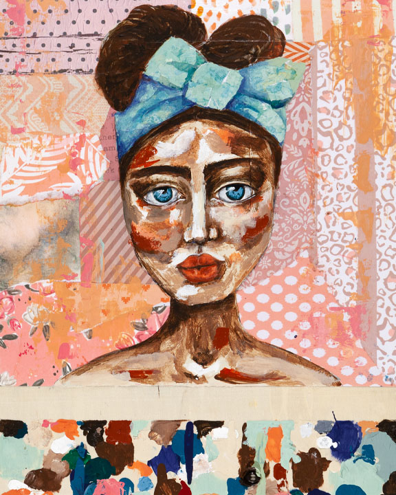 Painting of a woman from the shoulders up with light brown skin, brown hair pulled back into a bun on the top of her head with a blue headband with a bow, brown eyebrows, large blue eyes, pink cheeks and pink lips. In the background, there is a collage of coloured and patterned paper. The paper pink, grey and orange.