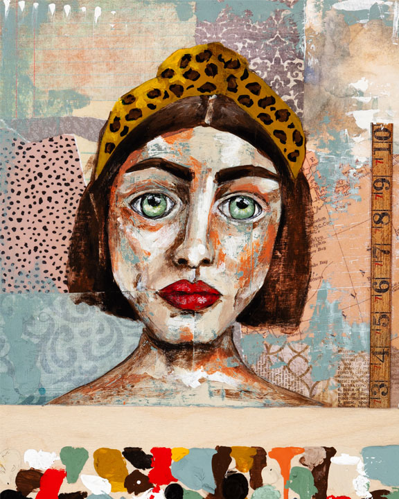 Painting of a woman from the shoulders up with white skin, short brown hair with a yellow and cheetah patterned headband, bold brown eyebrows, large light green eyes, pink cheeks and red lips. In the background, there is a collage of coloured and patterned paper and a ruler. The paper pink, grey and blue.