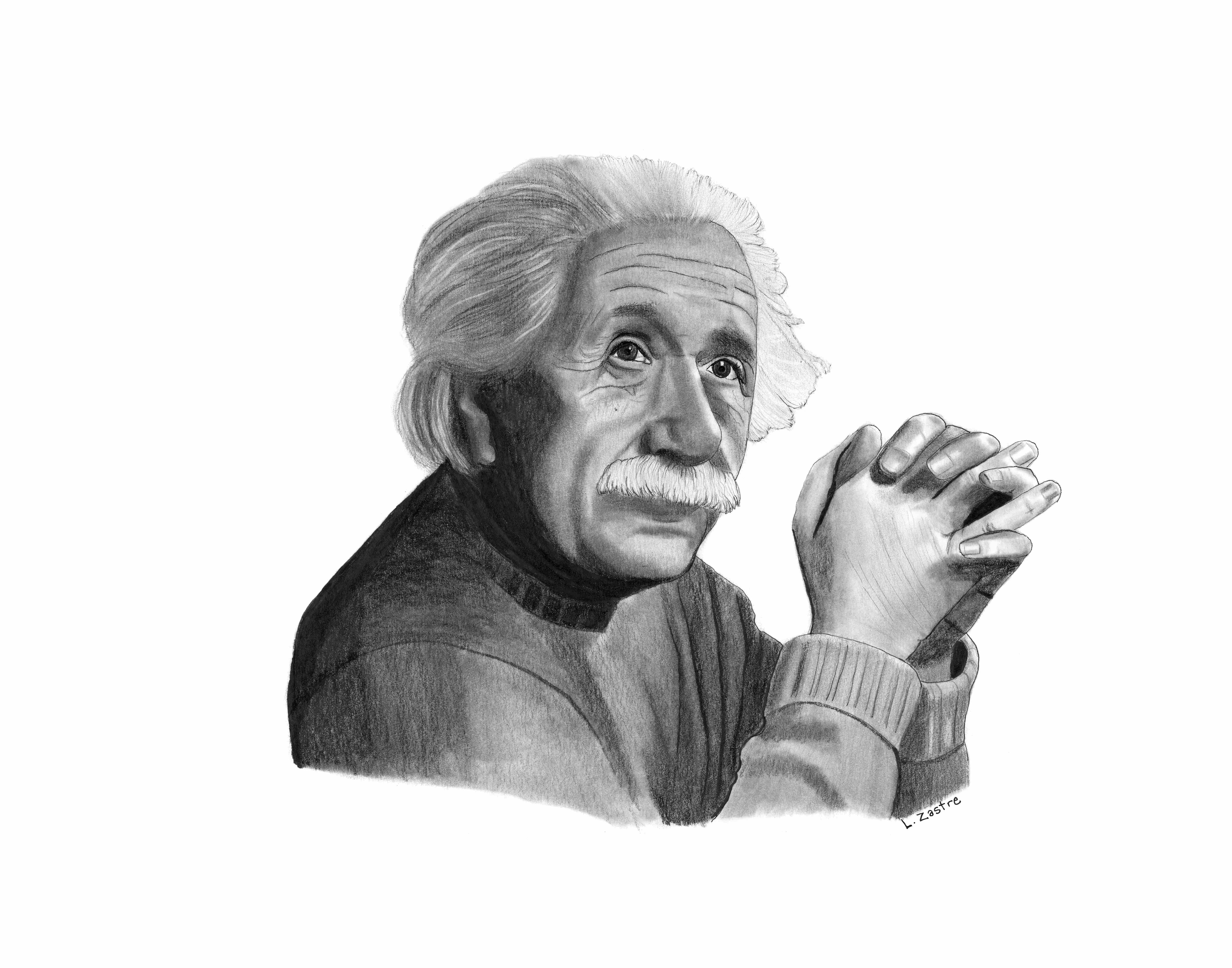 This is a drawing of an elderly Einstein. He is wearing a sweater. His hair is white and bushy, as is his moustache. His hands are clasped in front of him. He looks up and to the side, lost in thought.