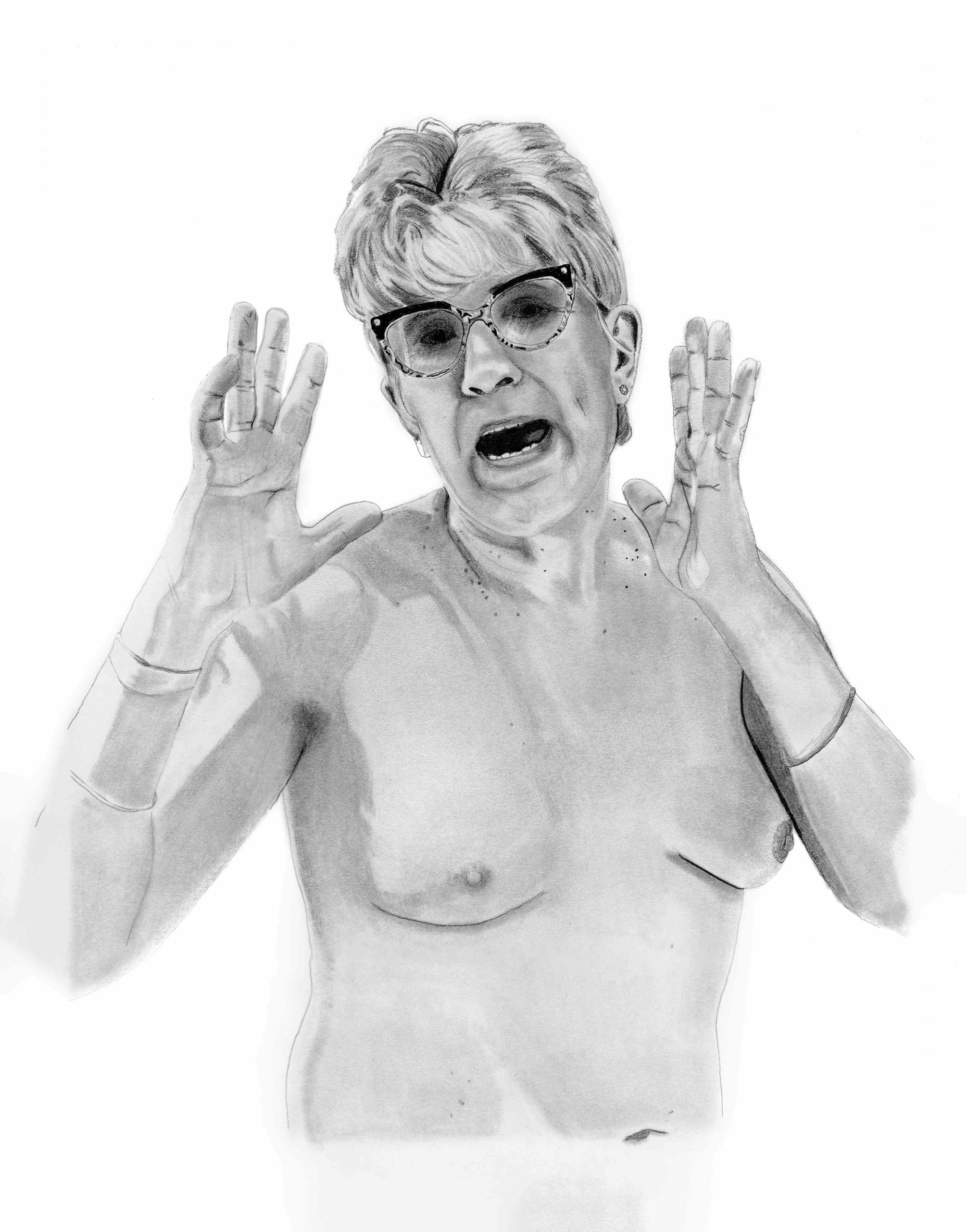 This is a graphite and ink portrait of a nude woman. She is wearing horn-rimmed glasses. Her mouth is open mid-speech, her hands held up, fingers spread, as if to amplify her words.