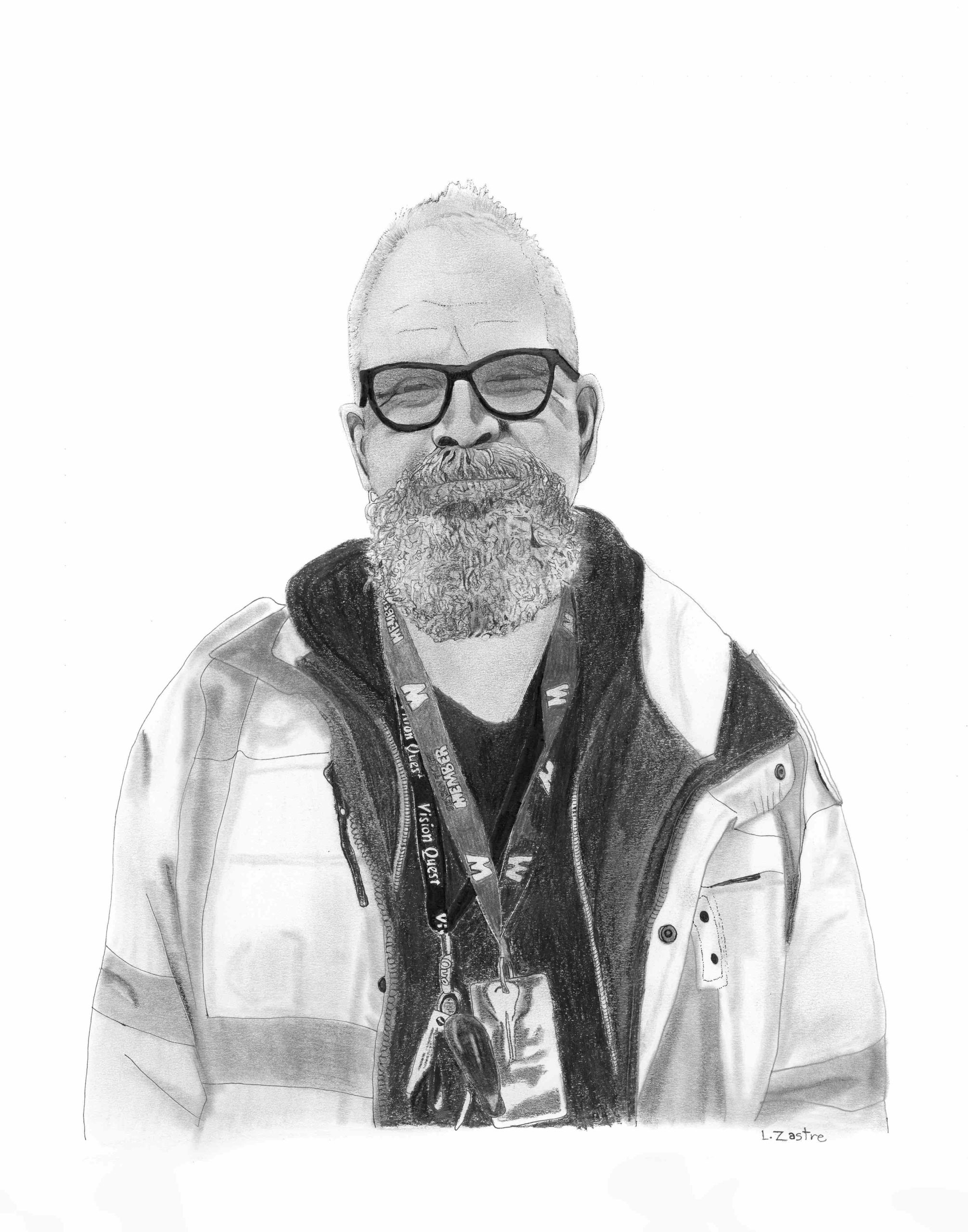 This is a portrait of a man, drawn in graphite and ink. He is facing us and smiling. He wears dark-rimmed glasses and his beard and receding hairline are white. He wears a casual fall jacket. Lanyards with ID cards are hung around his neck.