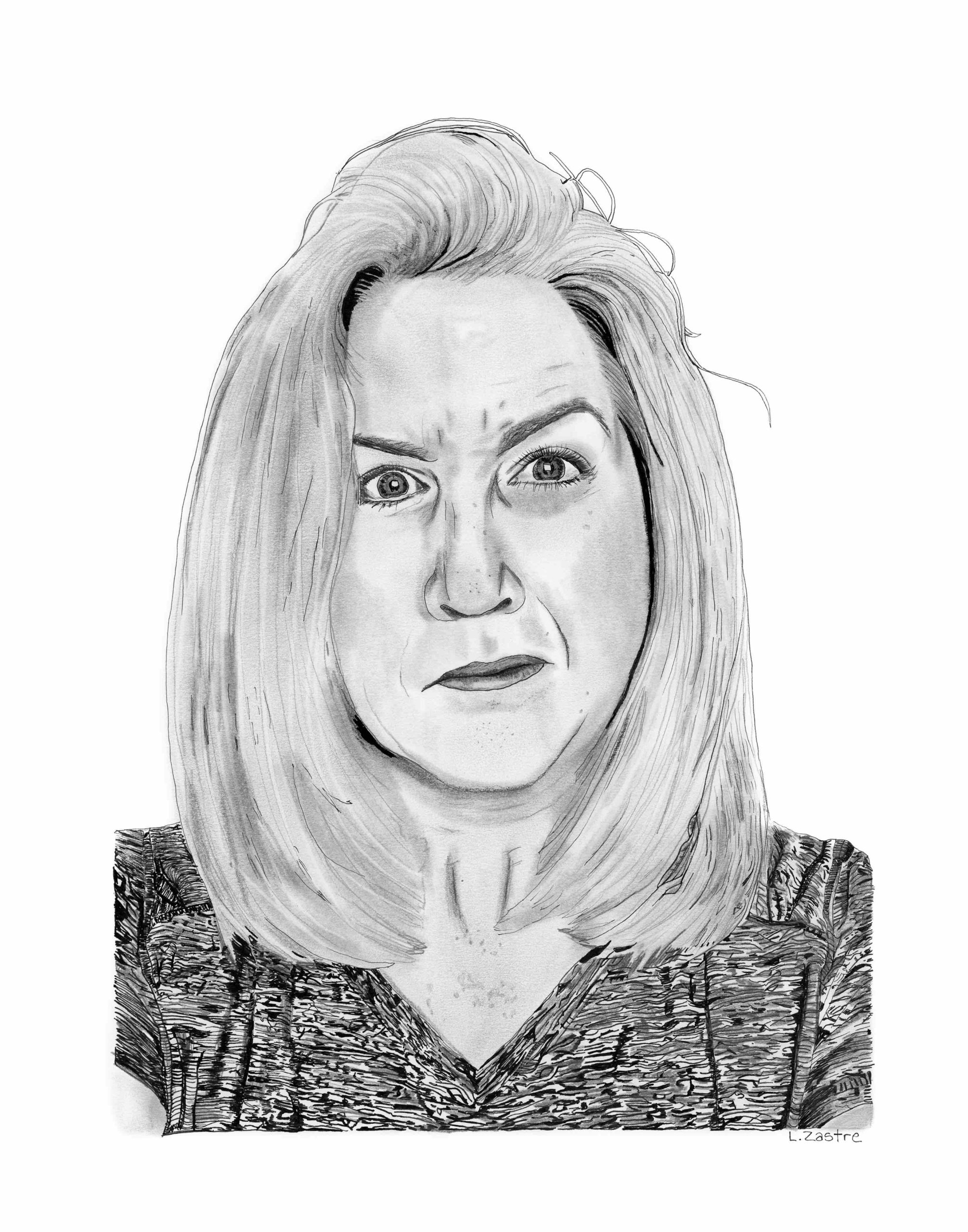 This is a drawing of a woman with light-coloured shoulder length hair. She is wearing a dark t-shirt and scowling quizzically.