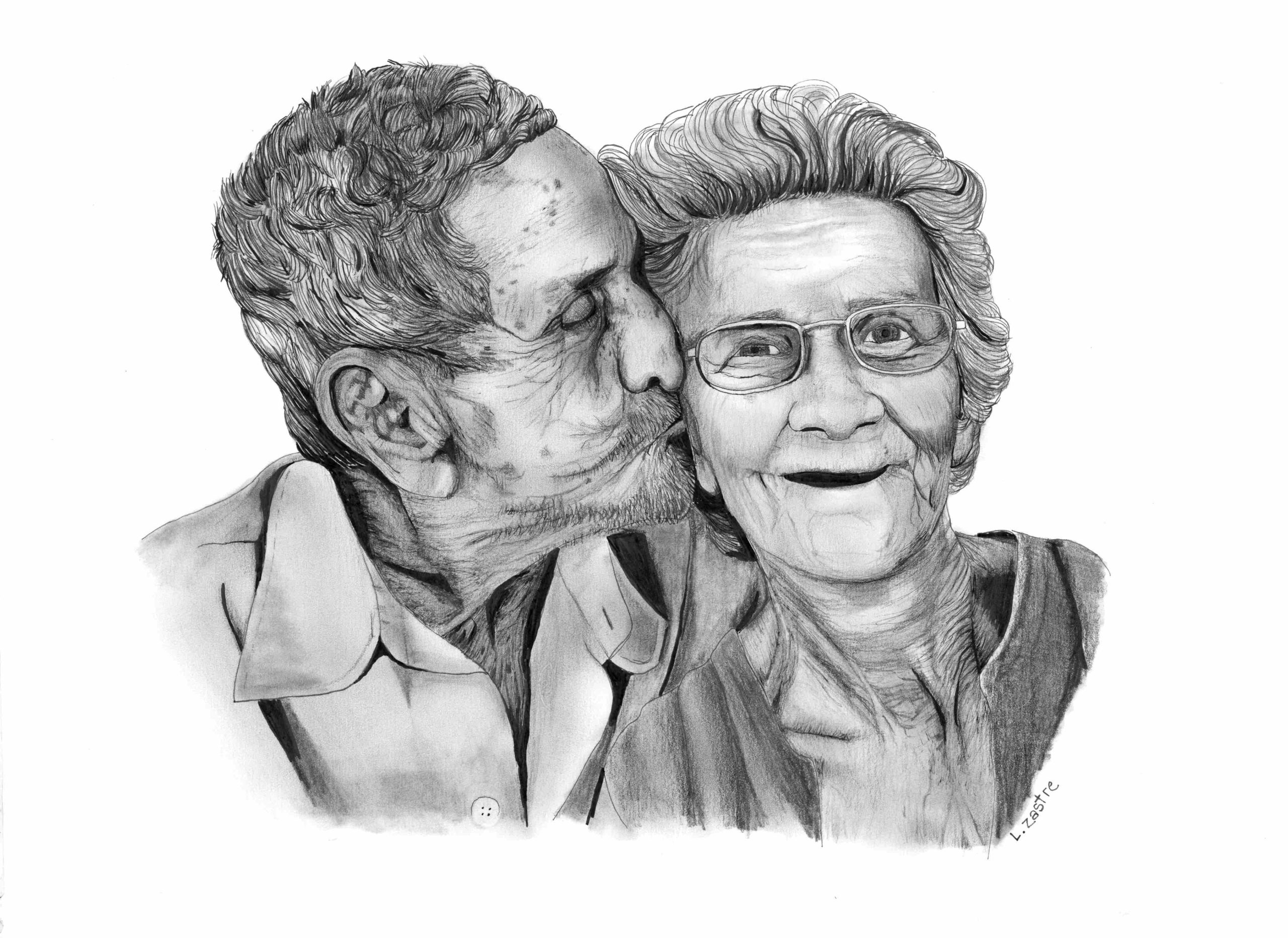 This is a drawing of an elderly couple. The woman is wearing glasses. She smiles delightedly as the man kisses her on the cheek, his eyes closed. He sports some stubble and there are liver spots on his skin.