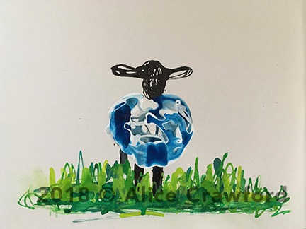 Watercolour painting of a sheep with black heads and blue wool standing on green grass.