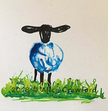 Watercolour painting of a sheep with black heads and blue wool standing on green grass.