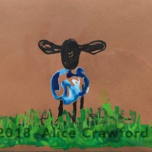 Watercolour painting on a brown paper of a sheep with black heads and blue wool standing on green grass.