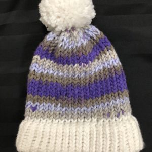 Image of a purple, grey and white knit hat