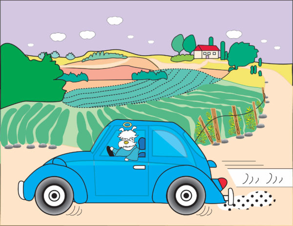 Digital image of a white dog with a halo driving a blue VW beetle through the countryside