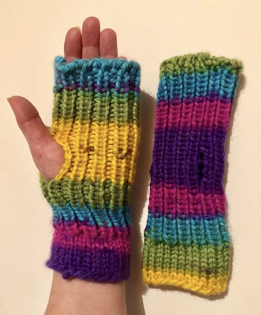 Image of rainbow knit fingerless mitts