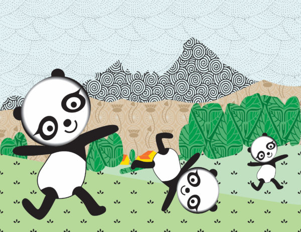 Digital Image of three Pandas dancing and doing cartwheels in a green field with a mountain and trees in the background