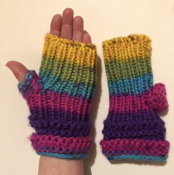 Image of rainbow knit fingerless mitts with shortknit fingerless mittsknit fingerless mitts with short thumbs