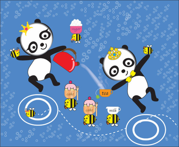 Digital Image of two Pandas drinking tea with some bees who are carrying their tea on their back