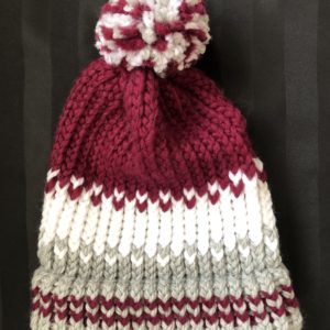 Image of a Burgundy, white and grey knitted hat