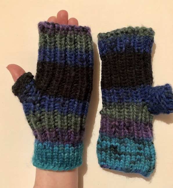 Image of Peacock colours fingerless knit gloves with short thumb