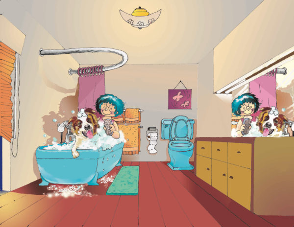 Digital image of a persons with blue hair giving a dog a bath with lots of bubbles in a bathroom