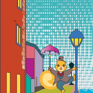 Digital image of a squirrel wearing a suit and hat and carrying an umbrella dancing with a lamp post in a city street