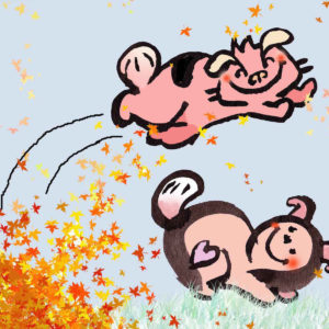 Digital image of pink animal jumping from as pile of autumn leafs over a beige dog