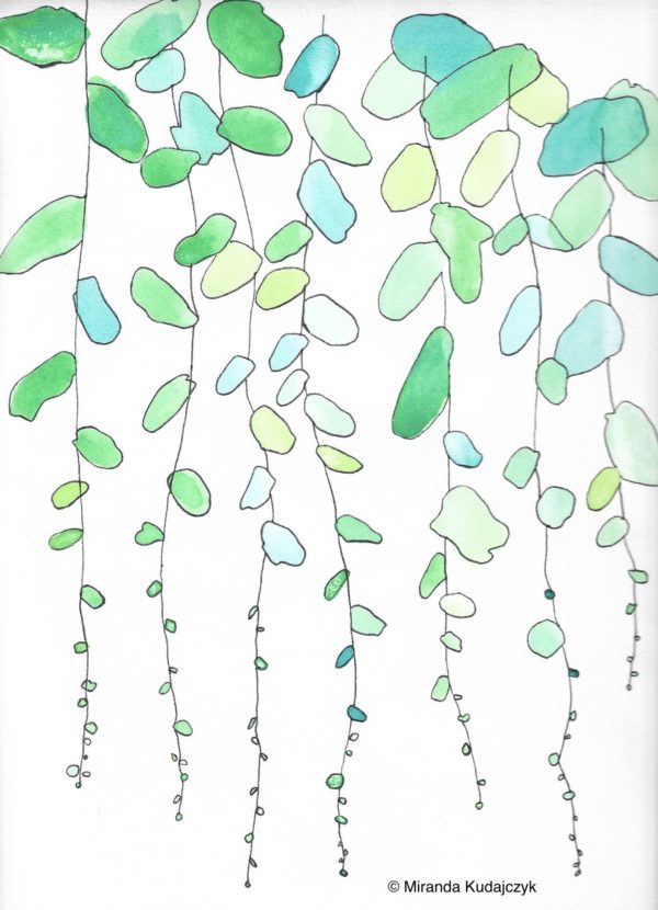 Water colour painting of green and blue vines falling down the page