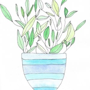 Watercolour painting of a green leafy plant in a stripped blue and white vase on a wooden surface