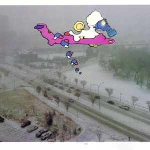 Screen print image of a winter road way with a cartoon bomber