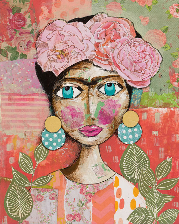 Mixed Media Image of Frida Kahlo with flowers on her head and large earrings. The image is very colourful