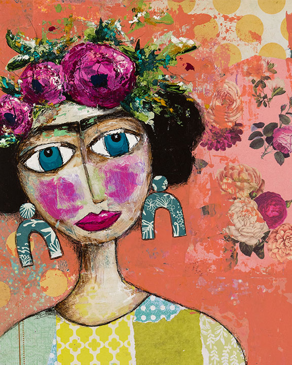 Mixed Media Image of Frida Kahlo with flowers on her head and large earrings. The image is very colourful