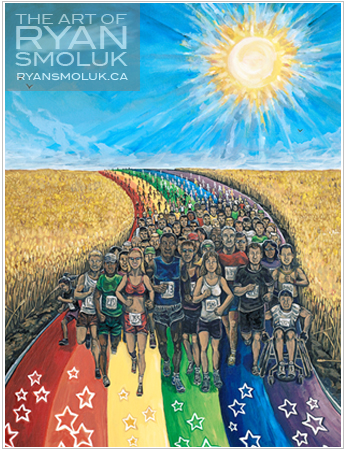 Painting of many different people from all walks of life walking together on a rainbow path through fields of beige plants with a blue sky and a bright sun