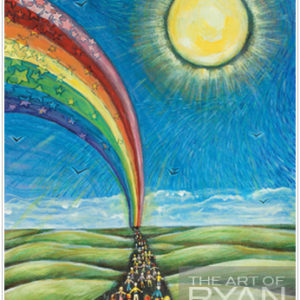 Painting of many different people from all walks of life walking together on a path through green fields with a blue sky, a rainbow and a bright sun