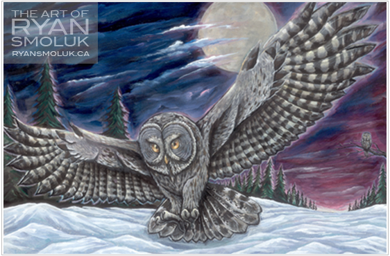 Image of a large grey owl flying over snow with a forrest in the backgrounders. It is night time and there is a large moon in the sky with wispy clouds
