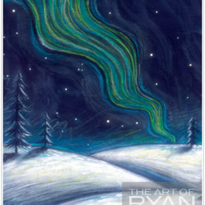 Painting of green and blue northern lights over snow with a few trees in the distance