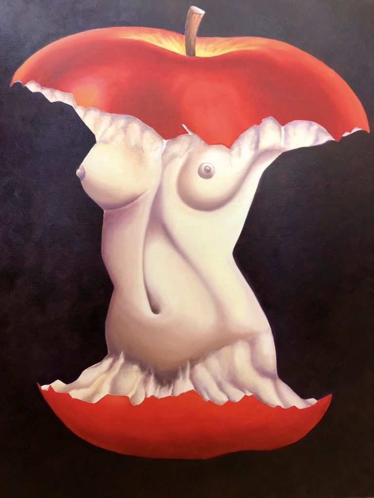 Image description: Surreal painting of an apple core against a black background. The top and bottom of the apple are connected by a woman’s torso instead of the core. The torso is of a white woman with perky breasts, curved hips and a flat stomach. The apple top and bottom have red skin and bite marks that show where the apple has been eaten.