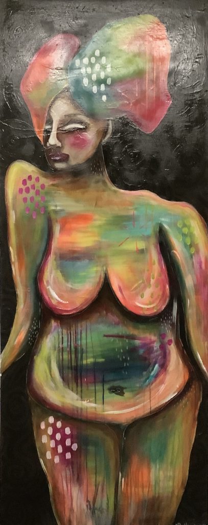 Tall abstract painting of a naked woman against a black background. The woman is painted with many colours: red, blue, green, yellow, orange, black, purple and white. She has large breast and a round belly.