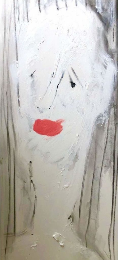 This is an abstracted painting, a self-portrait of the artist, from crown of head to collarbone. Skin tone is bright white, with some grey. Eyes are small black smudges, nose is a barely visible line. The mouth is prominent, a tomato red oval in the centre of the piece. Paint application is bare and dry in areas, in others it is thick and textural. The background is uneven black dry-brushed lines.