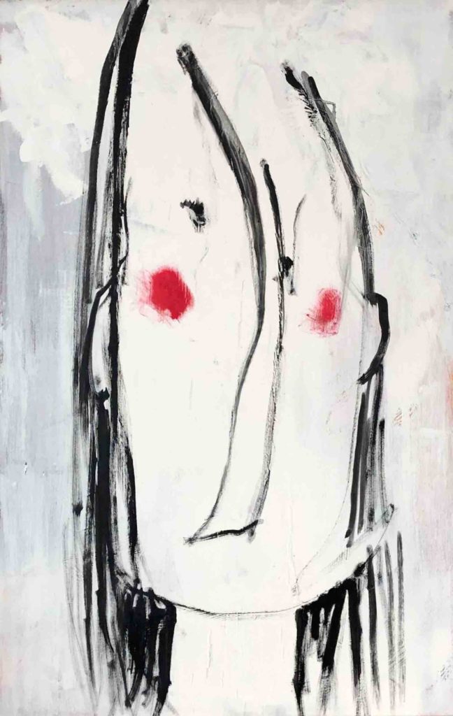 This is an abstracted painting, a self-portrait of the artist. The colour palette is minimal. On a scrambled white and light grey background, the artist’s face looks directly forward, at the viewer. The face borrows the same white as the background. Features are simplistic, quickly sketched in black drybrush line. Indeed, all we see are two uneven dots for eyes, a long one-dimensional nose, two bright spots on the cheeks, and scruffy straight black lines of hair.