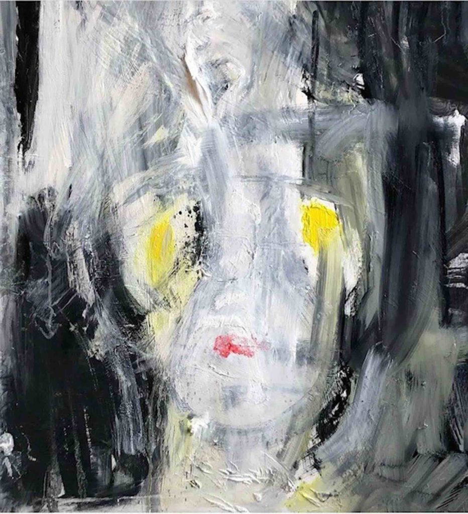 This is an abstracted painting, a self-portrait of the artist. The most notable feature is the use of rough, exaggerated brush strokes, giving the whole piece a chaotic sense of movement. The artist’s head and neck are visible, a messy bit of bright red indicates lips. Two spots of canary yellow could be identified as eyes. Skin is bright white, with smears of grey and yellow thrust across with brushwork from the background, which is black, grey, and white. Paint use is bare and dry in some areas, and so thick that we can see globs of texture in others.